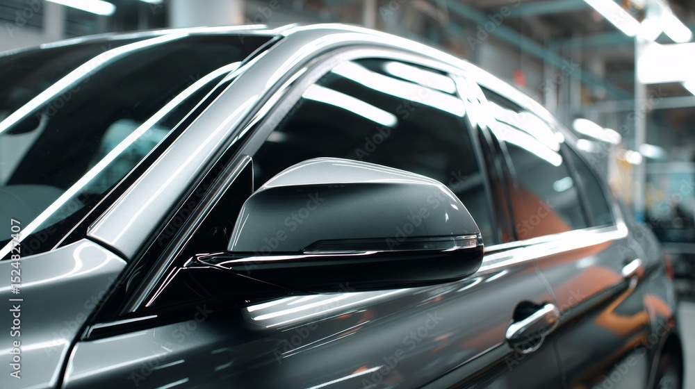 Obraz premium Side view of car window tint, ceramic film provides heat rejection and UV protection with stable color, car film installed on the glass surface of the , selected focus car tinting service