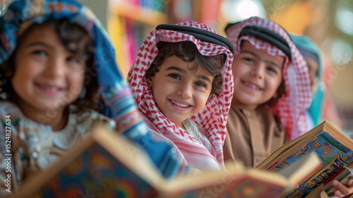 an artistic and cheerful image of real saudi children celebrating universal children's day, dreaming about a bright future. 