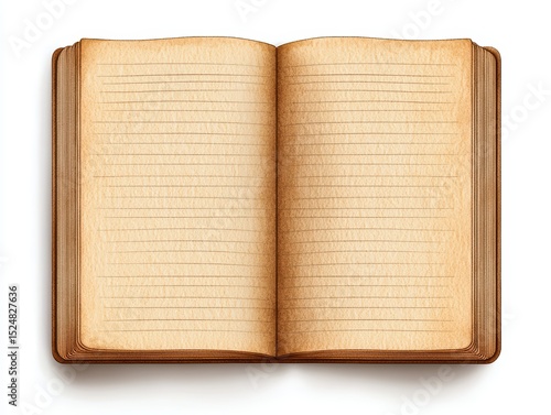 Open vintage notebook with blank pages for creative writing, journaling, or sketching in warm earthy tones
