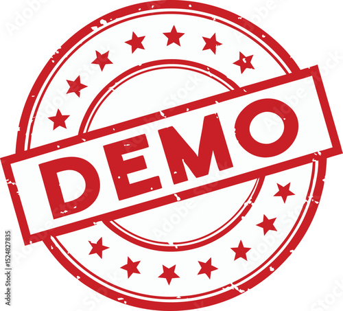 Red Rubber Stamp with Stars and "DEMO" Text, Isolated Vector Illustration.