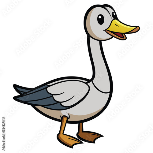Cartoonstyle gray goose stands smiling with its yellow beak on a white background