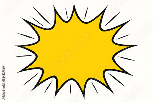 Yellow comic explosion bubble with black outline, blank starburst burst pop art speech shape template, cartoon explosion blast, retro style comic frame for text, design element isolated white backgrou