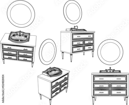 vector illustration of furniture design of vanity table washbasin shelf with mirror glass 