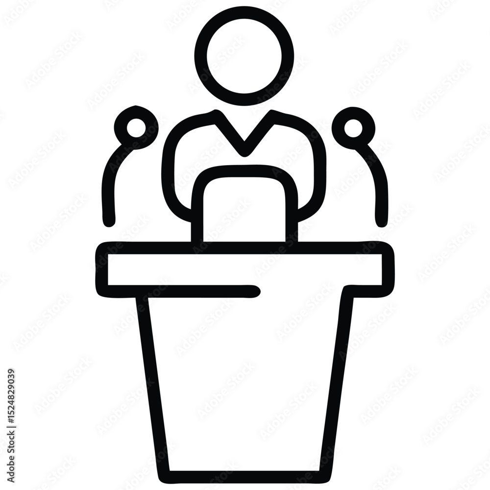 Fototapeta premium Presenter Outline Icon Speaker on Podium with Microphones for Public Speaking Event