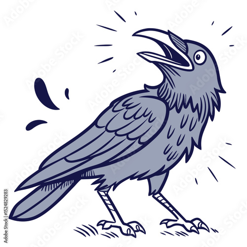 Foto Loud gray crow is squawking with its beak open towards the sky