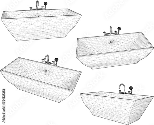 vector illustration of granite stone bathtub design with modern shower for soaking in bathroom