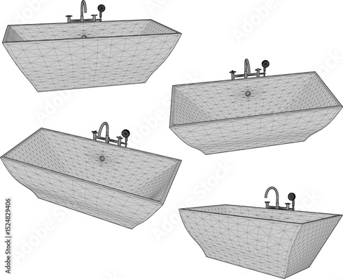 vector illustration of granite stone bathtub design with modern shower for soaking in bathroom 