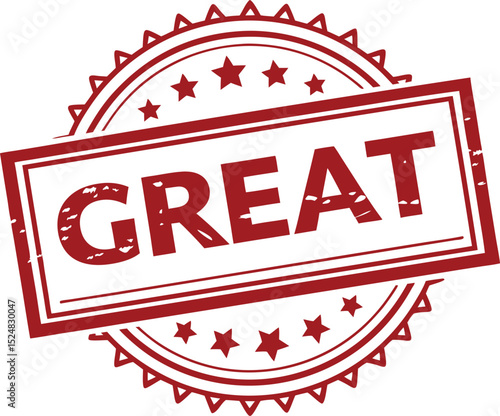 A Red, Star-Studded Rubber Stamp with the Word "GREAT" in a Rectangular Box.