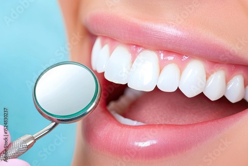 patient admiring her perfect smile after dental implant treatment holding mirror in hand