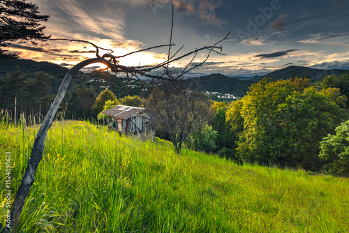 Amazing sunset in the mountain in springtime