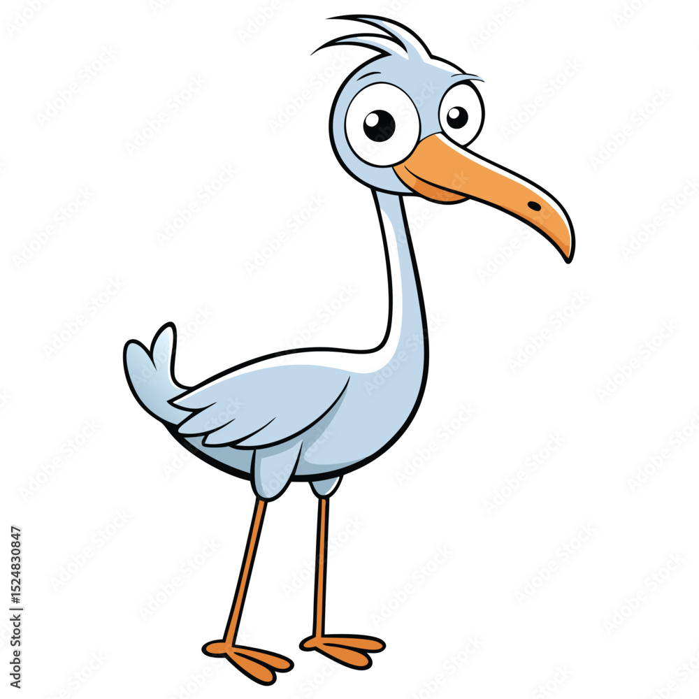 Fototapeta premium Cartoon stork with thin orange legs and beak stands against white backdrop