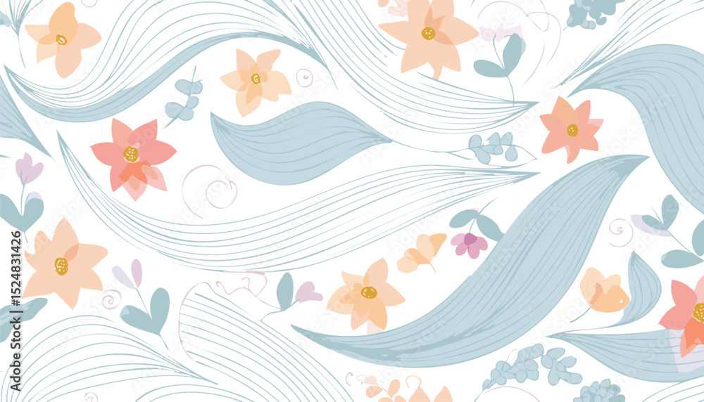 Naklejka premium Simple Abstract Floral Seamless Pattern with Hand-Drawn Botanical Flowers and Leaves – Minimal Vector Design