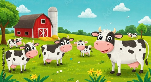 Charming farm scene with happy cows in a lush green pasture