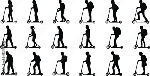 Silhouette people riding scooters, urban mobility vector, commuters on electric scooters, eco transport icon, black graphic set, modern city commute