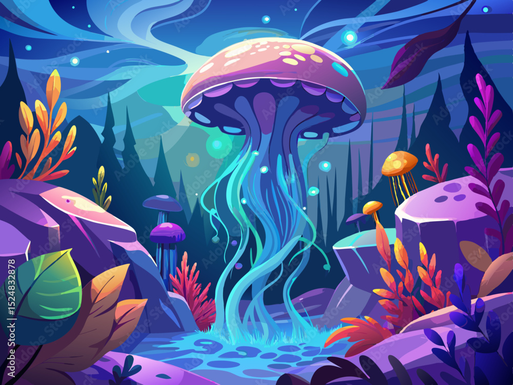 vector of Glowing jellyfish on coral reef under vibrant water, fantasy scene... vector of Glowing jellyfish on coral reef under vibrant water, fantasy scene...