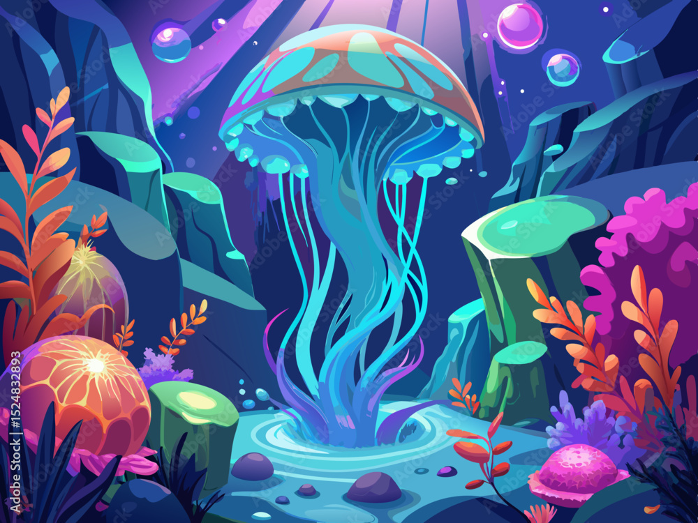 vector of Glowing jellyfish on coral reef under vibrant water, fantasy scene... vector of Glowing jellyfish on coral reef under vibrant water, fantasy scene...