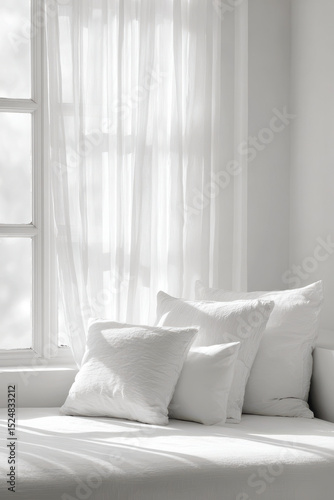 morning light gently illuminates soft bedding and window casting delicate shadows from sheer curtains