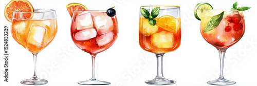Vector illustration of a set of glasses with summer cocktails, watercolor on a white background