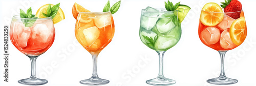 Vector illustration of a set of glasses with summer cocktails, watercolor on a white background