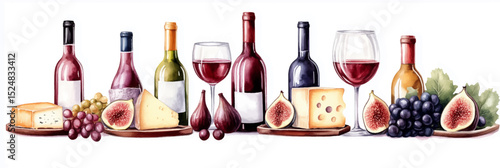 Vector illustration of wine and cheese watercolor clipart, on white background. Banner

