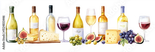 Vector illustration of wine and cheese watercolor clipart, on white background. Banner
