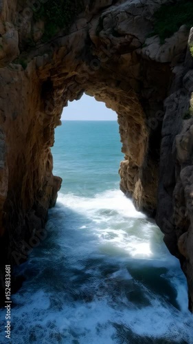 Scenic ocean view through a natural rock archway, with waves crashing against the rocks and vegetation visible on the cliffs.