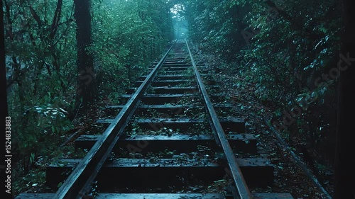 Dark, rain-soaked train tracks through woods.