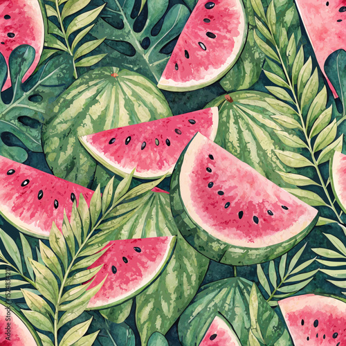 Vector Seamless  Watermelon Slice Pattern in Vibrant Pink & Green - Refreshing Summery Background with Copy Space