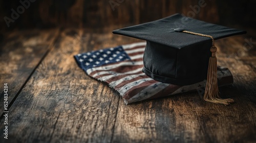 Graduation cap and american flag on wooden surface