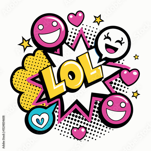 Colorful Pop Art LOL Explosion with Smiling Faces, Hearts, and Stars Graphic