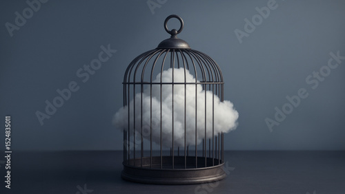visual metaphor showing a soft cloud trapped in a birdcage, symbolizing constrained freedom, imagination and the fragility of dreams