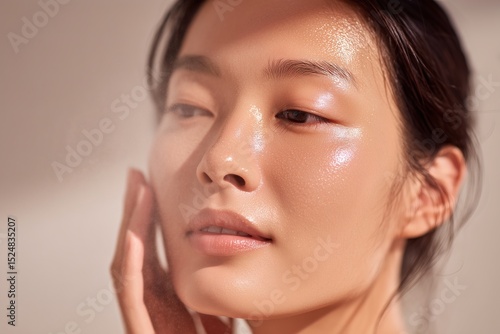 Close-up of an individual with radiant skin illuminated by sunlight, displaying a natural beauty look with a fresh and dewy complexion.