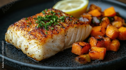 Grilled fish filet with roasted sweet potatoes