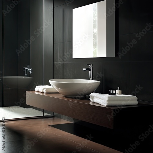 Modern bathroom with dark tiles, floating vanity, and white sink