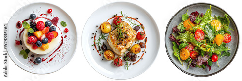 A set of restaurant dishes: main course, salad and dessert, isolated on a transparent background PNG