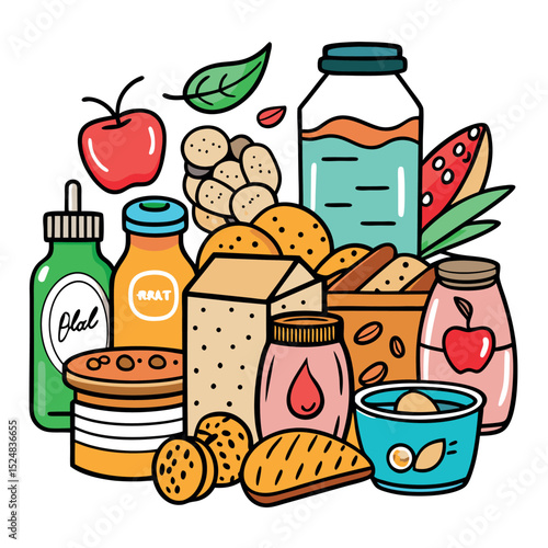 Colorful Still Life with Assorted Food Items Jars, Apple, Cookies, Sauce, Bread, and Other Treats
