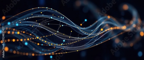 AI Learning Tools virtual classroom concepts. Abstract digital waves of glowing lines and dots, representing data flow or network connectivity on a dark background.