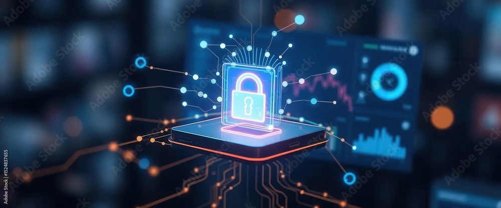 Obraz premium AI Learning Tools virtual classroom concepts. A digital padlock symbolizes cybersecurity and data protection, surrounded by circuits and digital interfaces in a futuristic setting.