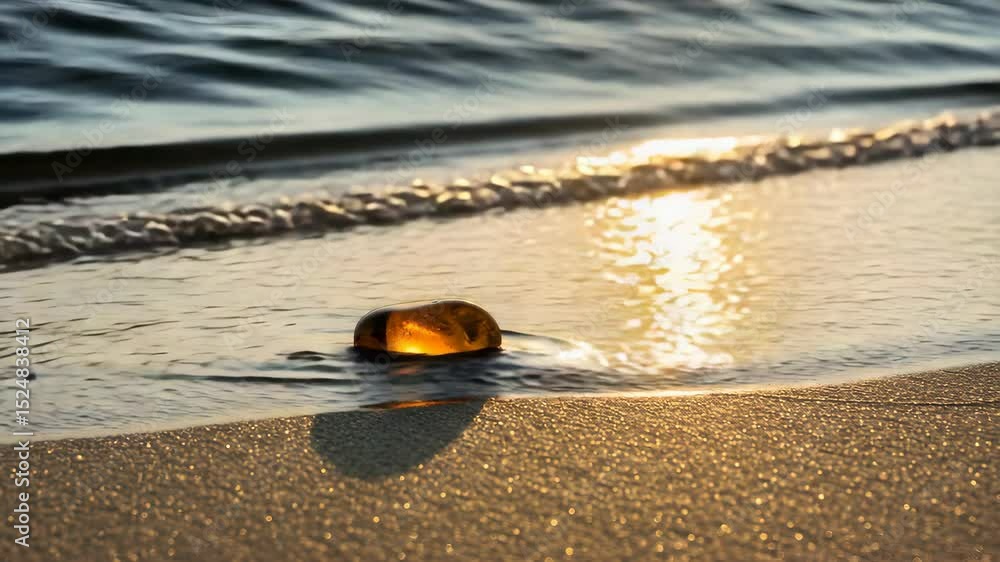 Amber Stone Lit By Warm Sunlight on Wet Sand at Sunset by the Ocean Amber Stone Lit By Warm Sunlight on Wet Sand at Sunset by the Ocean