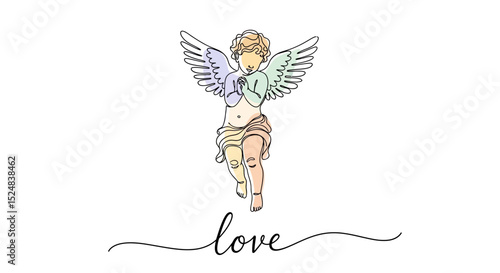 Line art illustration of an angel with pastel colors and 'love' text