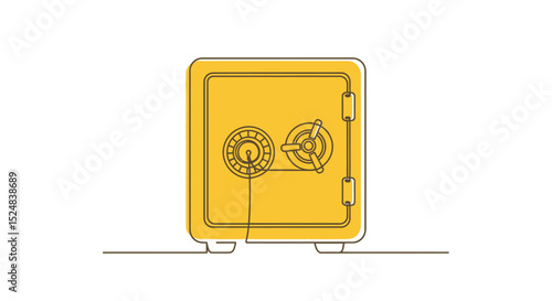 Stylized Yellow Safe with Combination Lock in Continuous Line Art