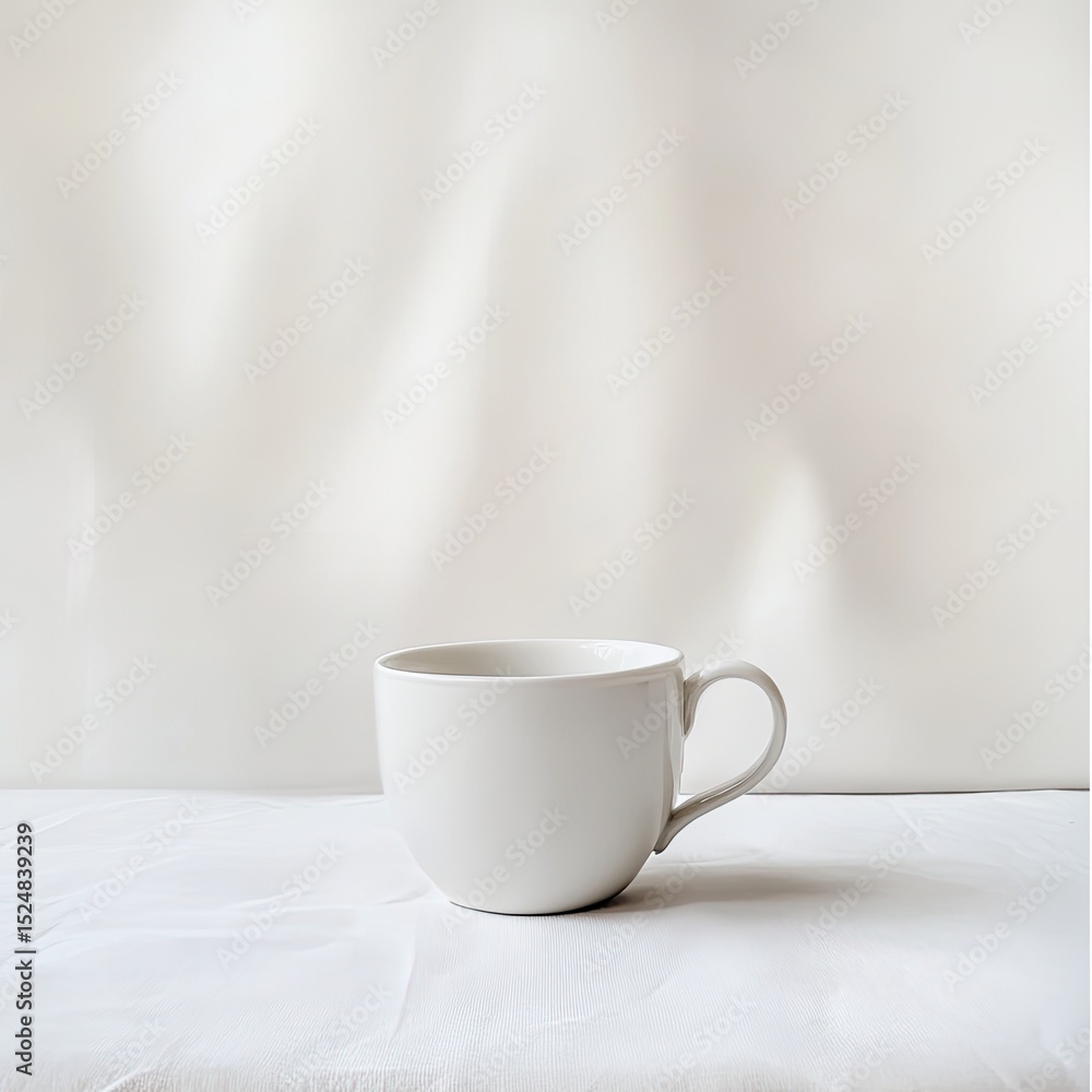 Obraz premium A simple, off-white ceramic mug sits on a white surface, subtly textured fabric beneath it. Soft, diffused light creates shadows on the backdrop