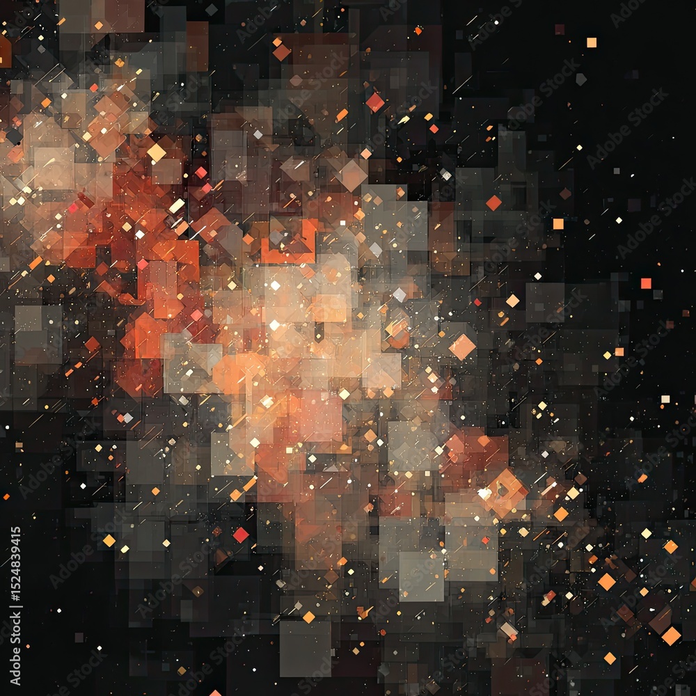 Obraz premium Abstract cosmic scene with pixelated stars and nebulae in warm hues against a dark background