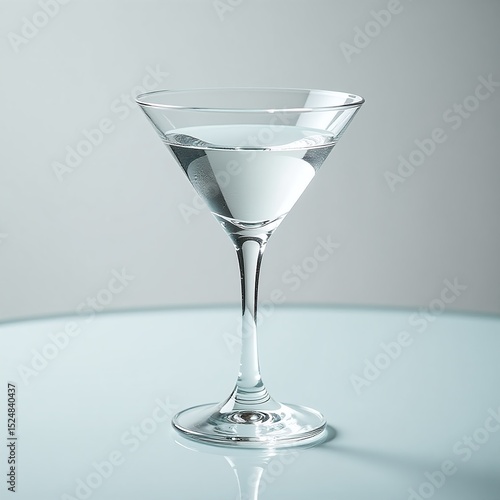 Classic martini glass empty and upright, Reflective glass surface beneath stem, Elegant rim curves in soft shadows, Sophisticated studio product shot