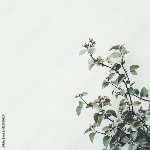 Minimalist image of a plant branch against a white background.  The muted green leaves and buds create a serene, simple composition