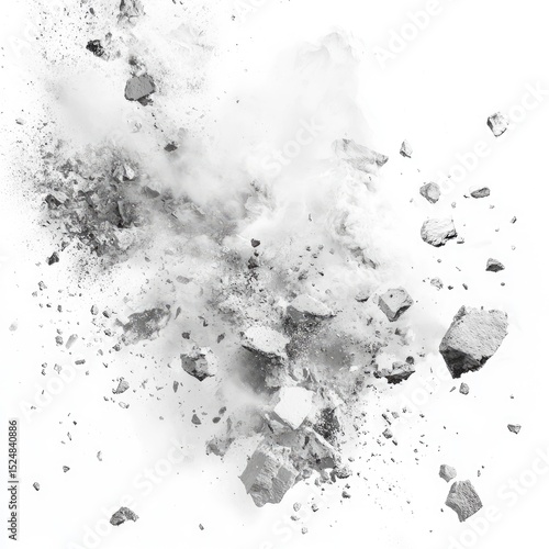 A grayscale image depicting a cloud of pulverized stone and dust, fragments scattered against a stark white background, suggesting destruction or disintegration