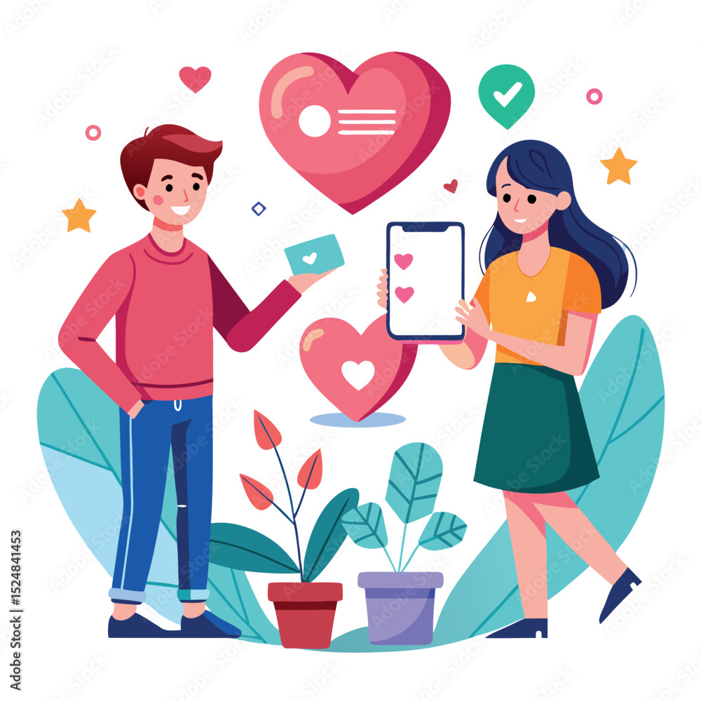Couple Sharing Love with Hearts, Message, and Mobile Phone in Cute Vector Illustration Couple Sharing Love with Hearts, Message, and Mobile Phone in Cute Vector Illustration