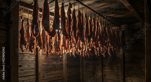 Preservation of Tradition: Hanging Meat in Rustic Wooden Room