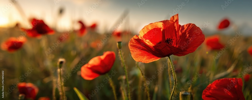 Obraz premium Red poppy flowers field at sunset landscape
