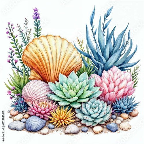 Coastal Garden Watercolor Clipart with Seashells and Succulents